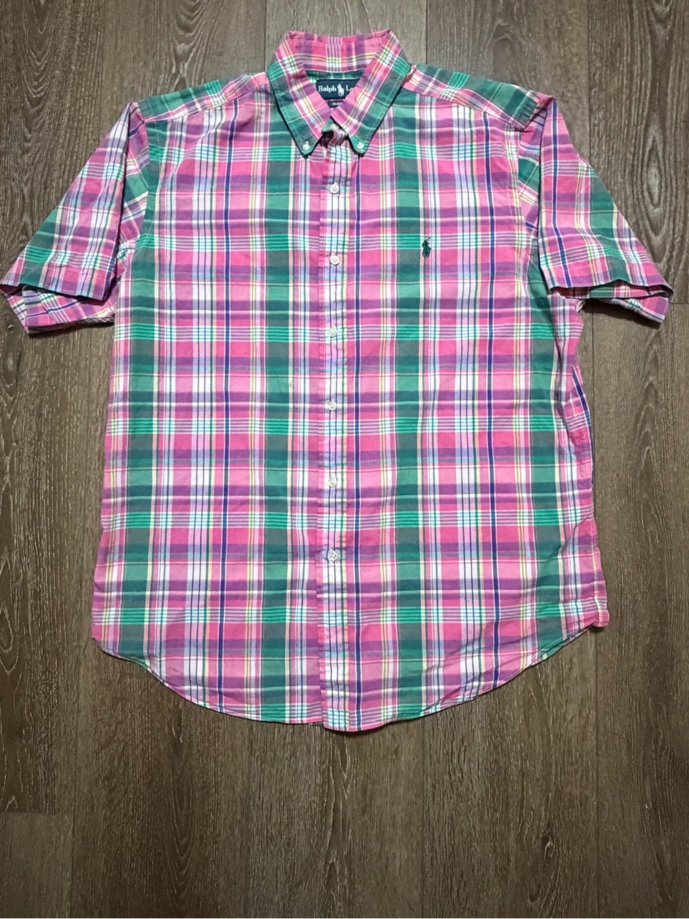 Ralph Lauren Pink and Green Plaid Short Sleeve Button-Down Shirt